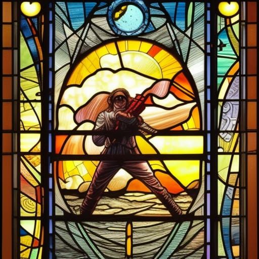 Celestial Stained Glass Window in Comic Book Style