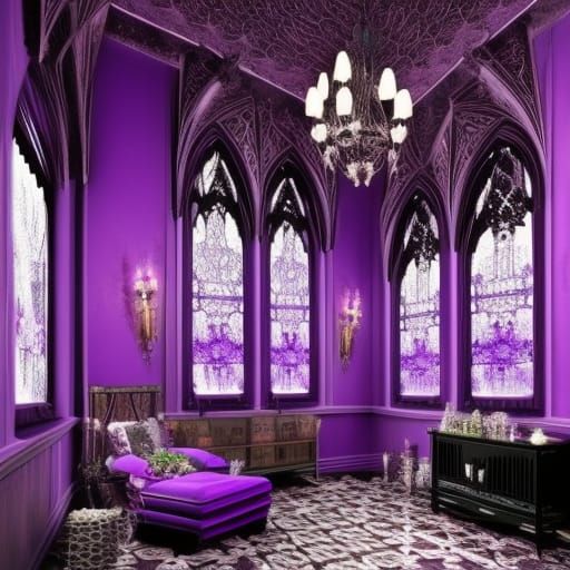 Magical fractals purple penthouse with purple fractals walls with Silver fractals accents& black gothic windows with pur...