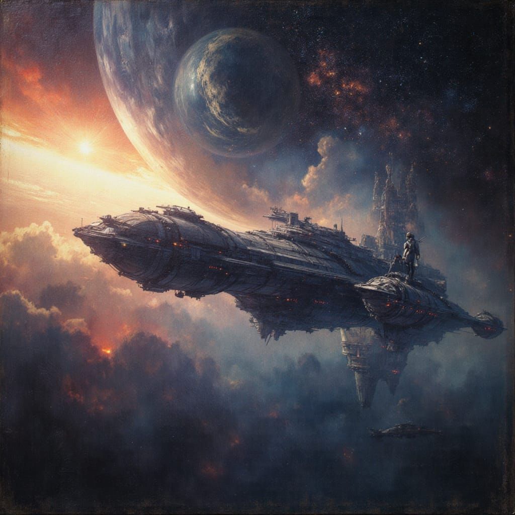 Hyperrealistic Spacecraft Approaching Alien Station