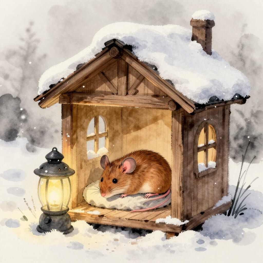 Peaceful Mouse Sleeping Under Lantern in Snowy Scene