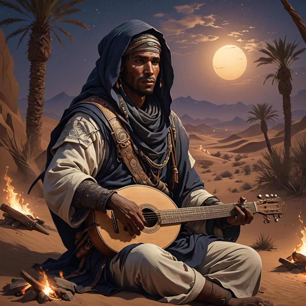 Tuareg Lute Player in Desert Night, Art Nouveau