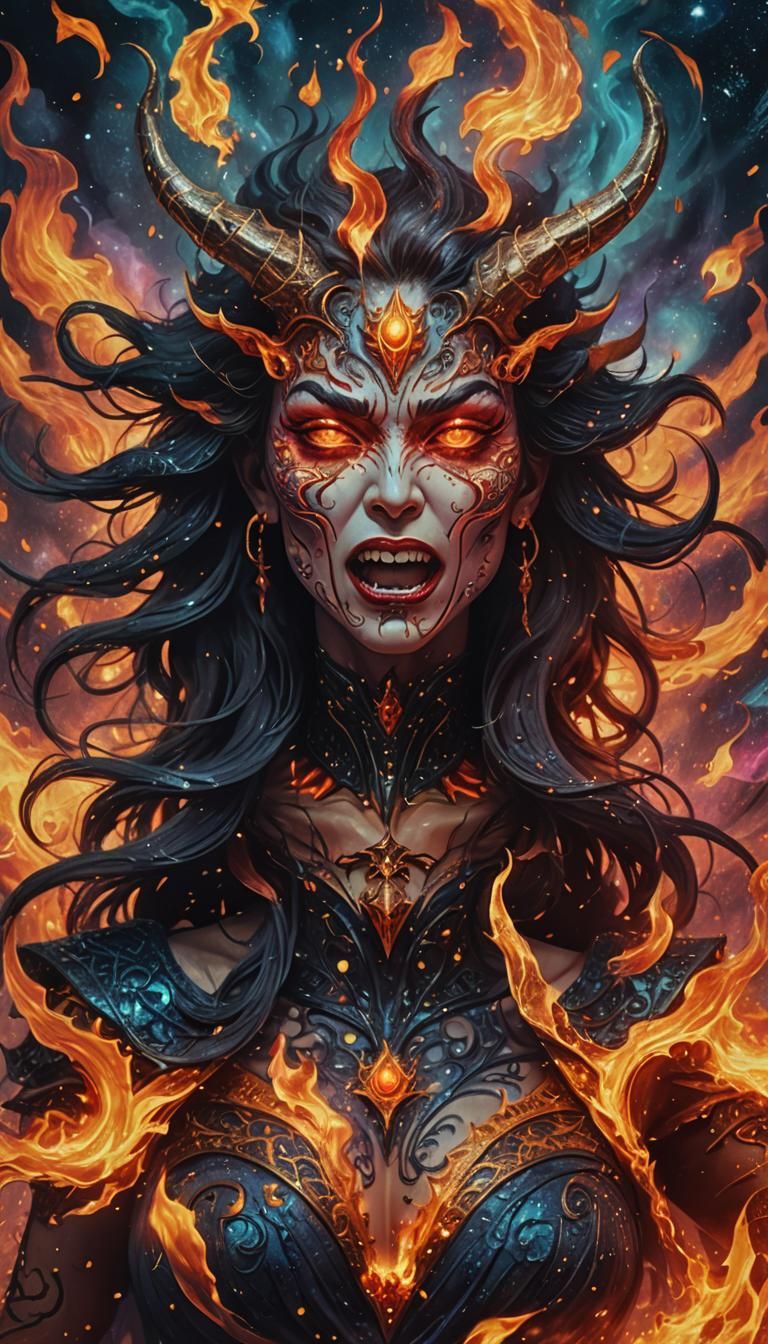 Surreal Devil Woman Astral Illustration in Mixed Media