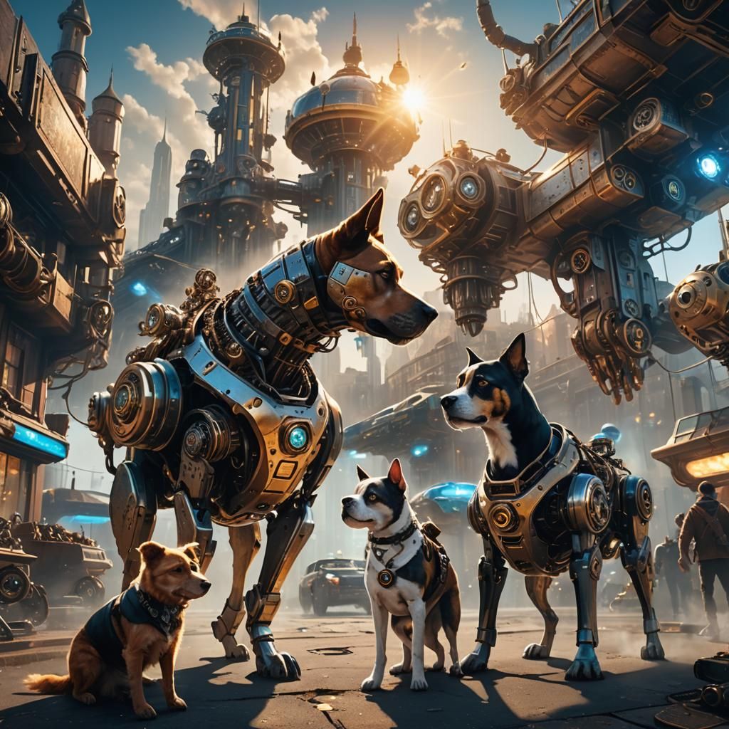 Cyborg Human and Dog in Steampunk City