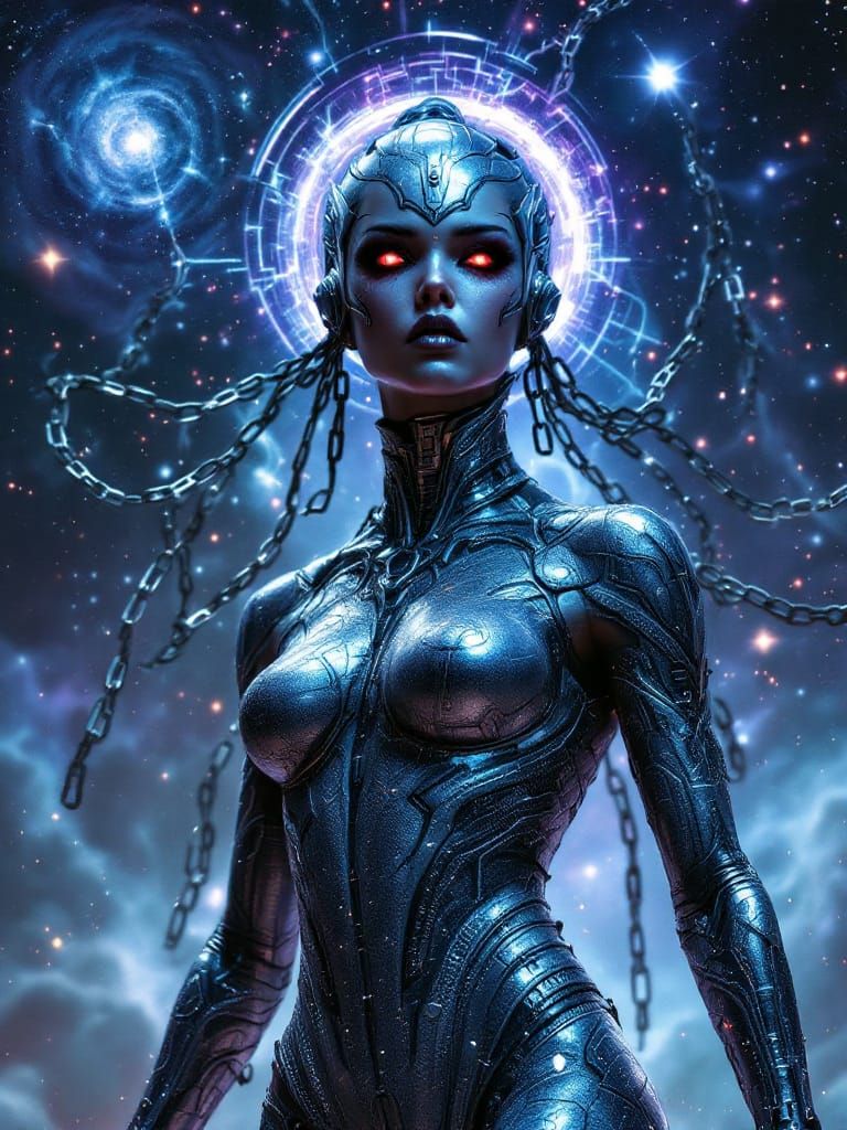Cosmic Cyberpunk Woman with Floating Chains