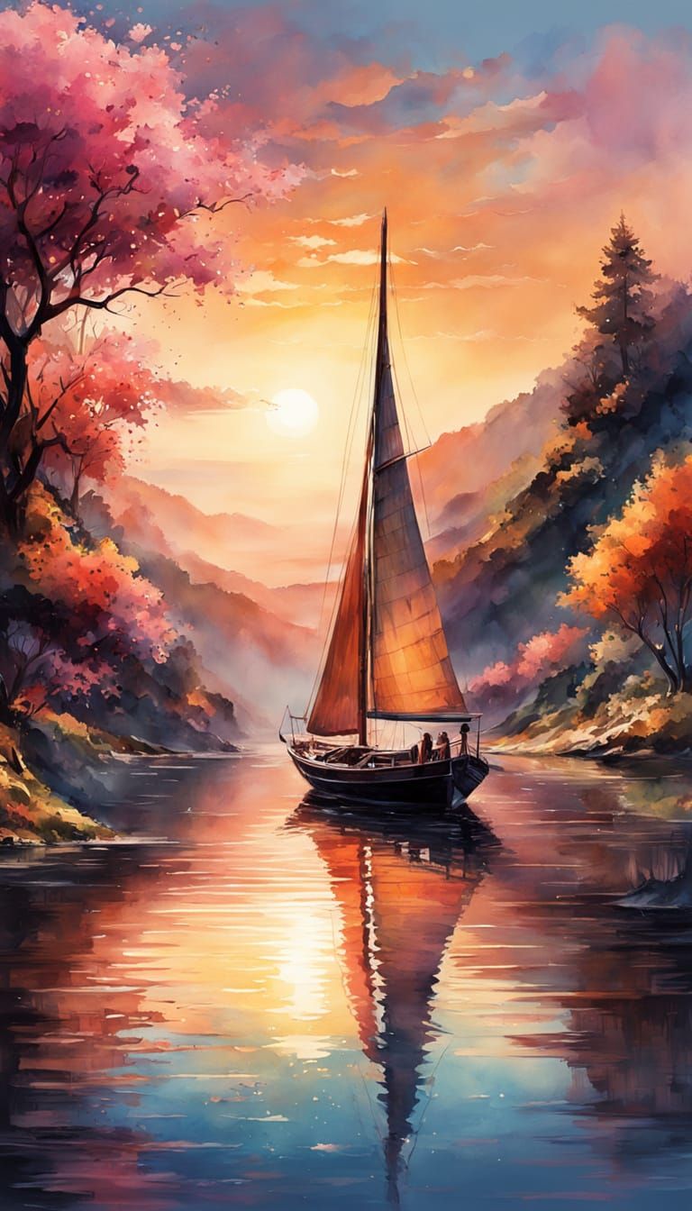 Watercolor Sailboat Fantasy Landscape in Sci-Fi Style