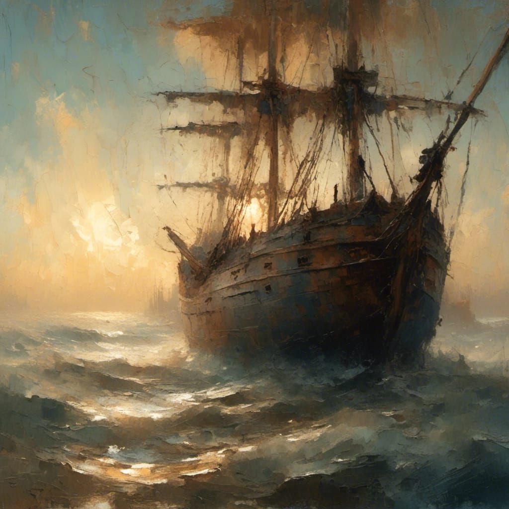 Battered Sailing Ship at Sunrise in Surreal Style
