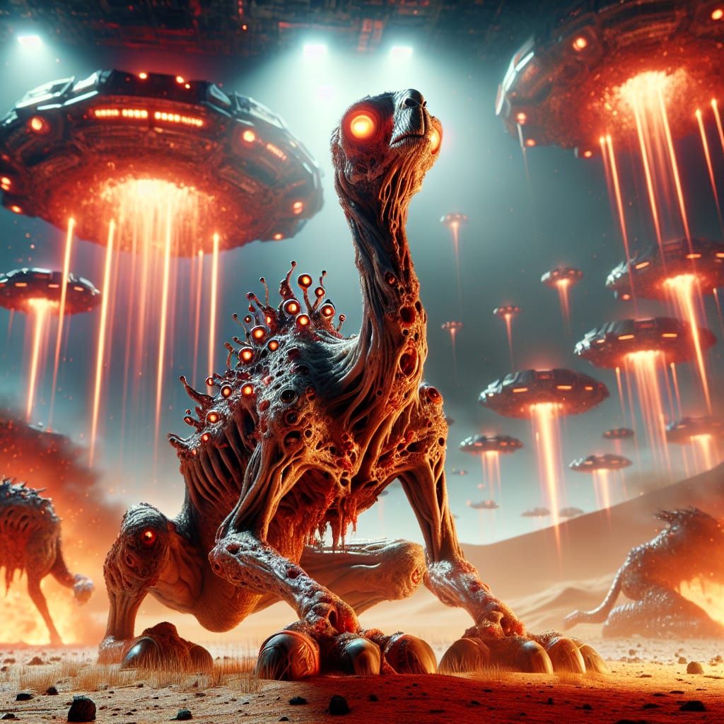 Sinister Dystopian Desert Landscape with Mutant Camel and Al...