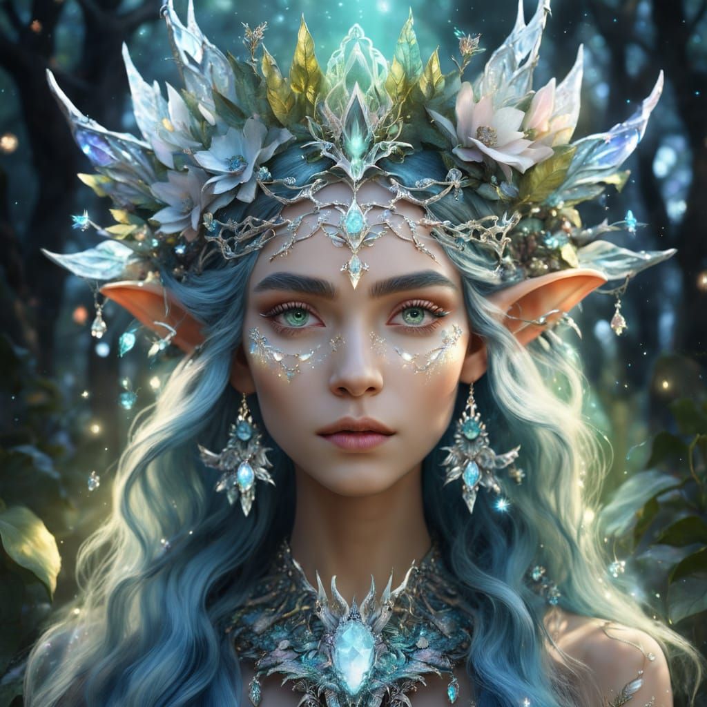 Ethereal Elf Queen in Hyperrealistic Digital Portrait