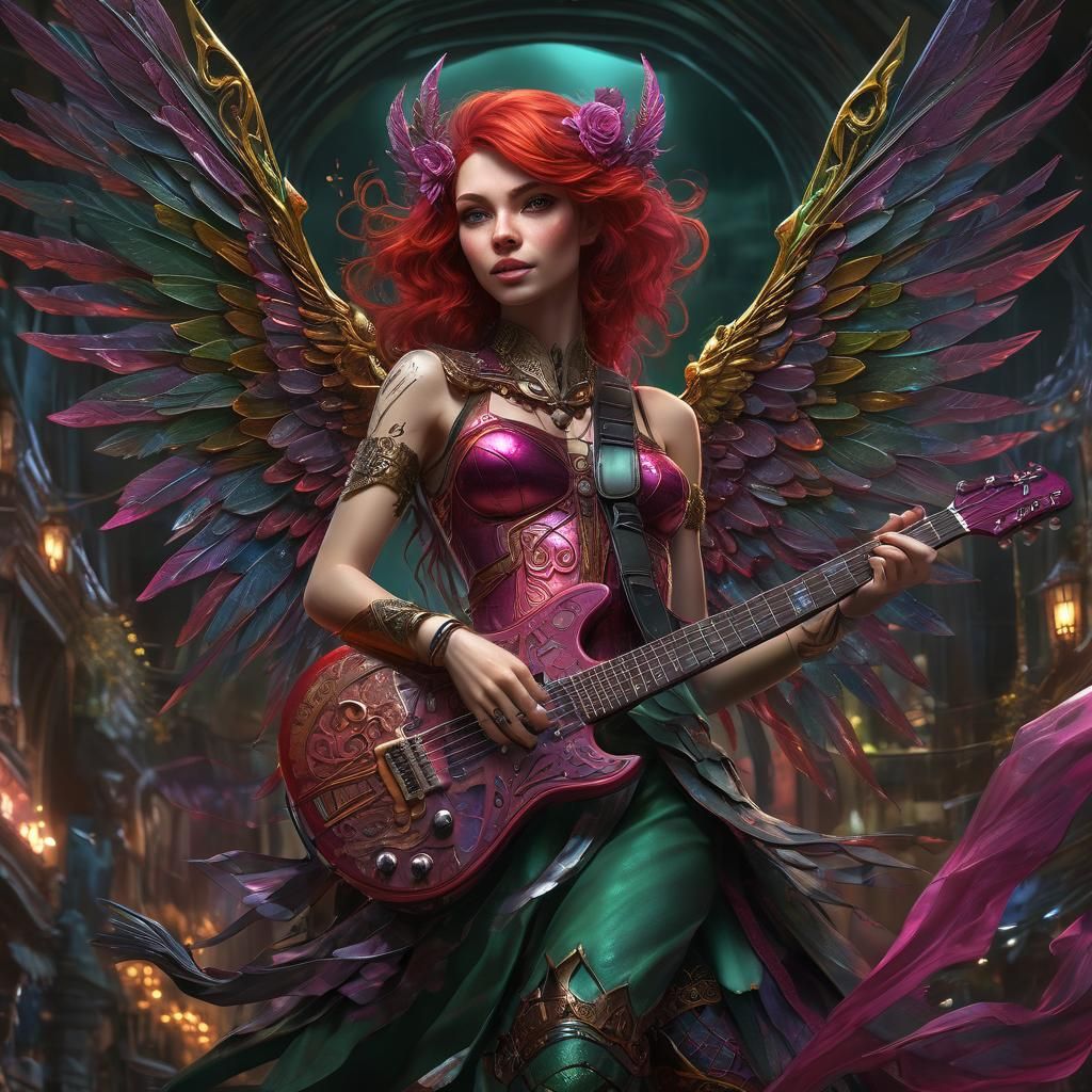 Red-Haired Fairy Warrior Plays Electric Guitar