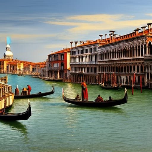 Gondolas in Venice.. Photorealistic fantasy style. HDR. Canaletto. Tintoretto. Tiziano.