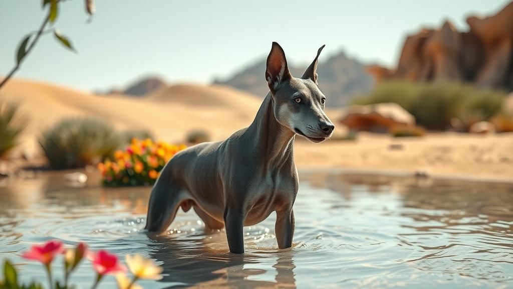 Shark-Dog Hybrid in Desert Oasis: Photorealistic Rendering