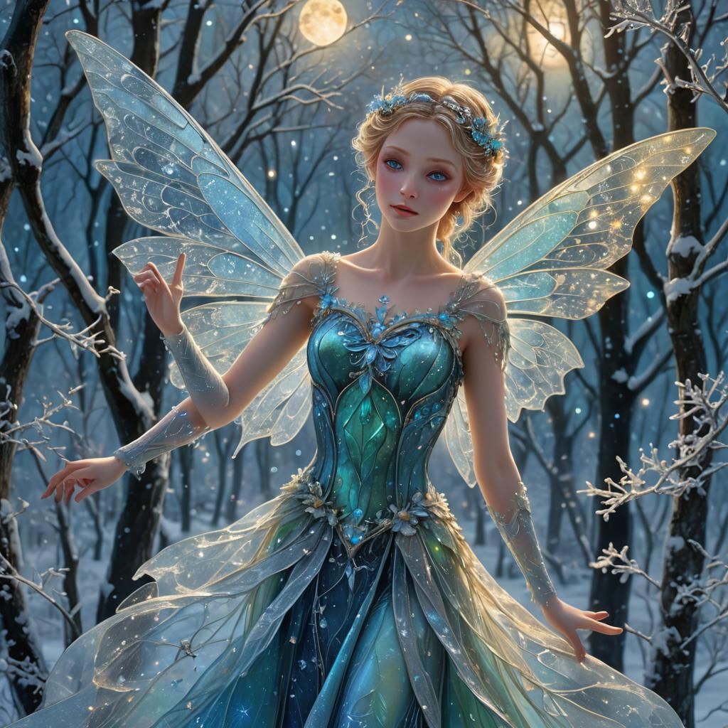 Ethereal Fairy with Iridescent Wings in Winter Forest