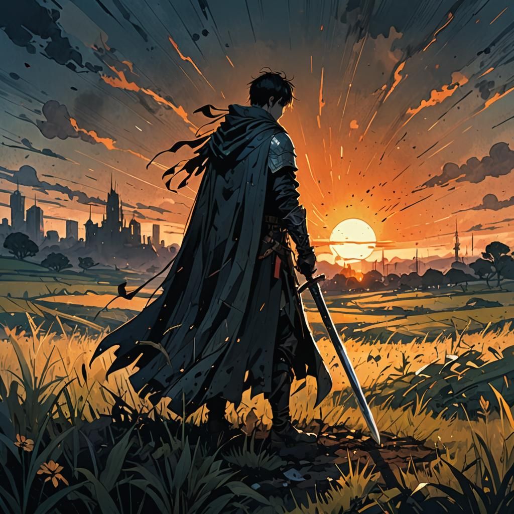 Mourning Hero Plants Sword in Battlefield, Anime Style