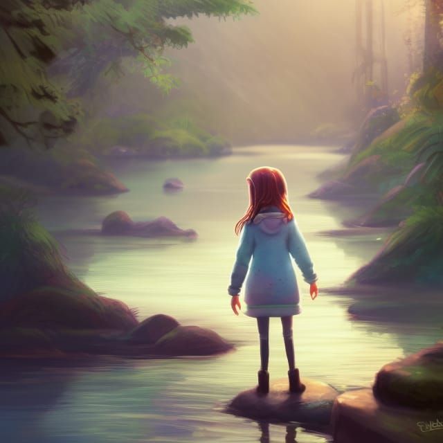 Young Woman by River in Cybernetic Pixar Style