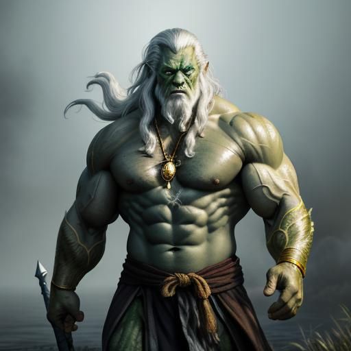 Hulk-like Mutant Wizard Walking Through Misty Marsh