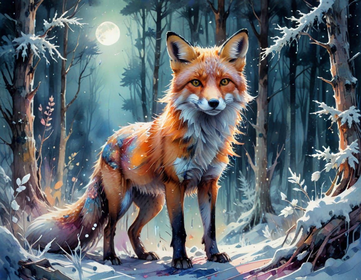 Moonlit Fox in Frosted Woodland: Digital Watercolor