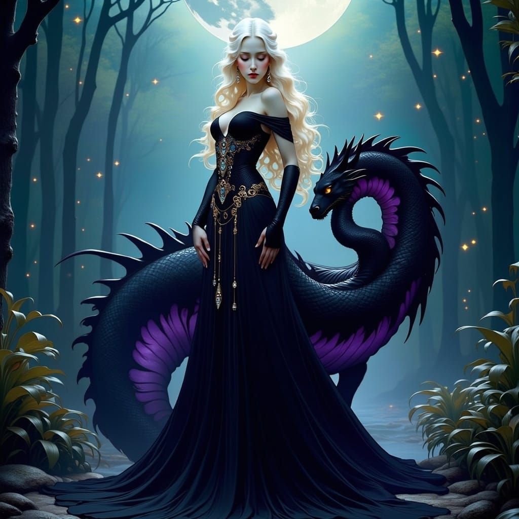 Sorceress and Dragon in Mystical Moonlight Forest