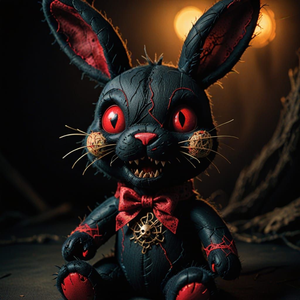 Creepy Bunny Toy with Sharp Teeth and Claws in Dark Fantasy