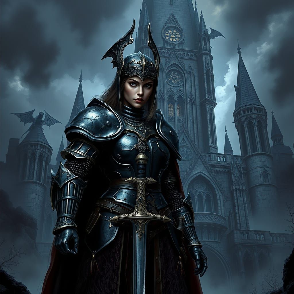 Gothic Knight Guarding Mist-Shrouded Castle