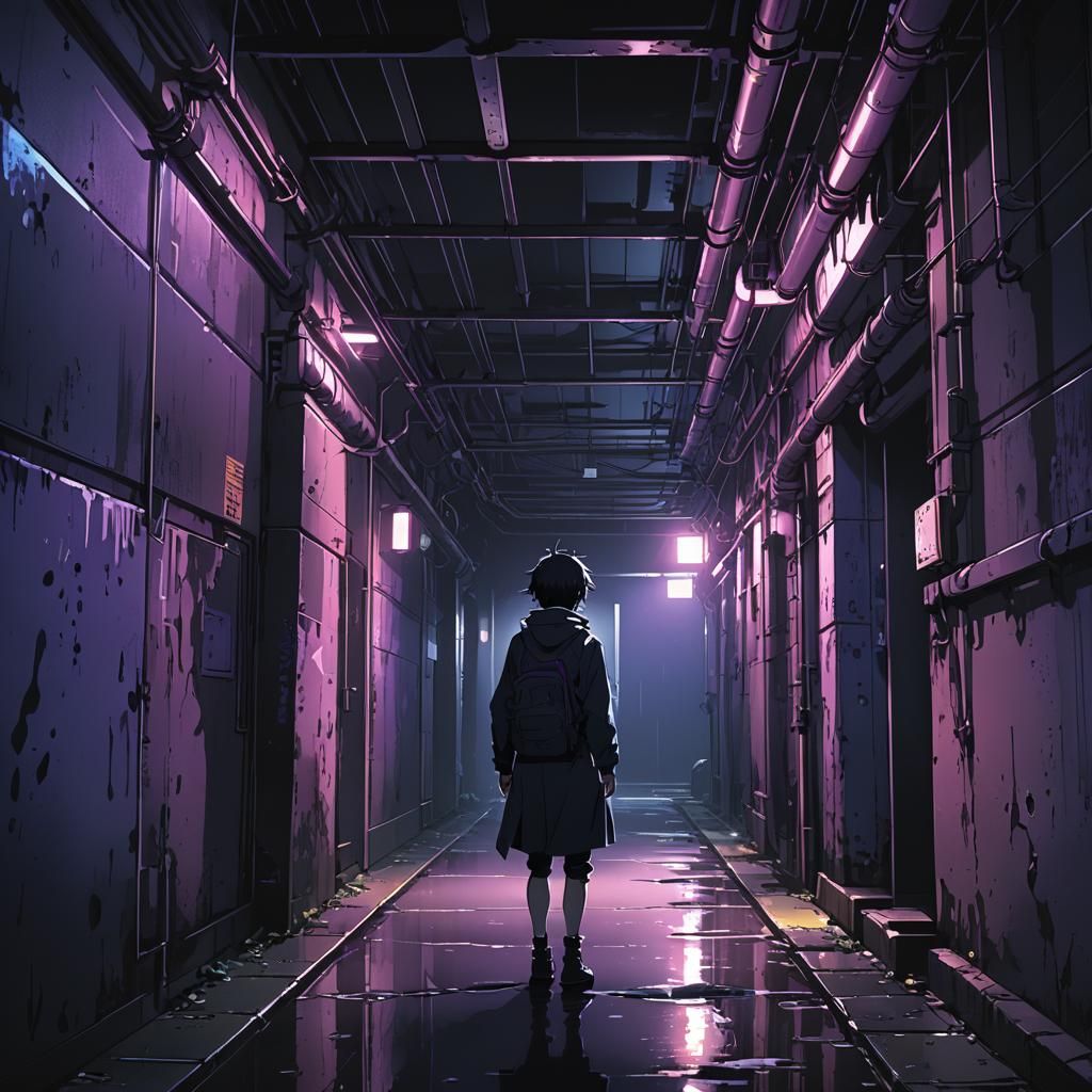 Eerie Bunker Corridor in Neon Anime Style