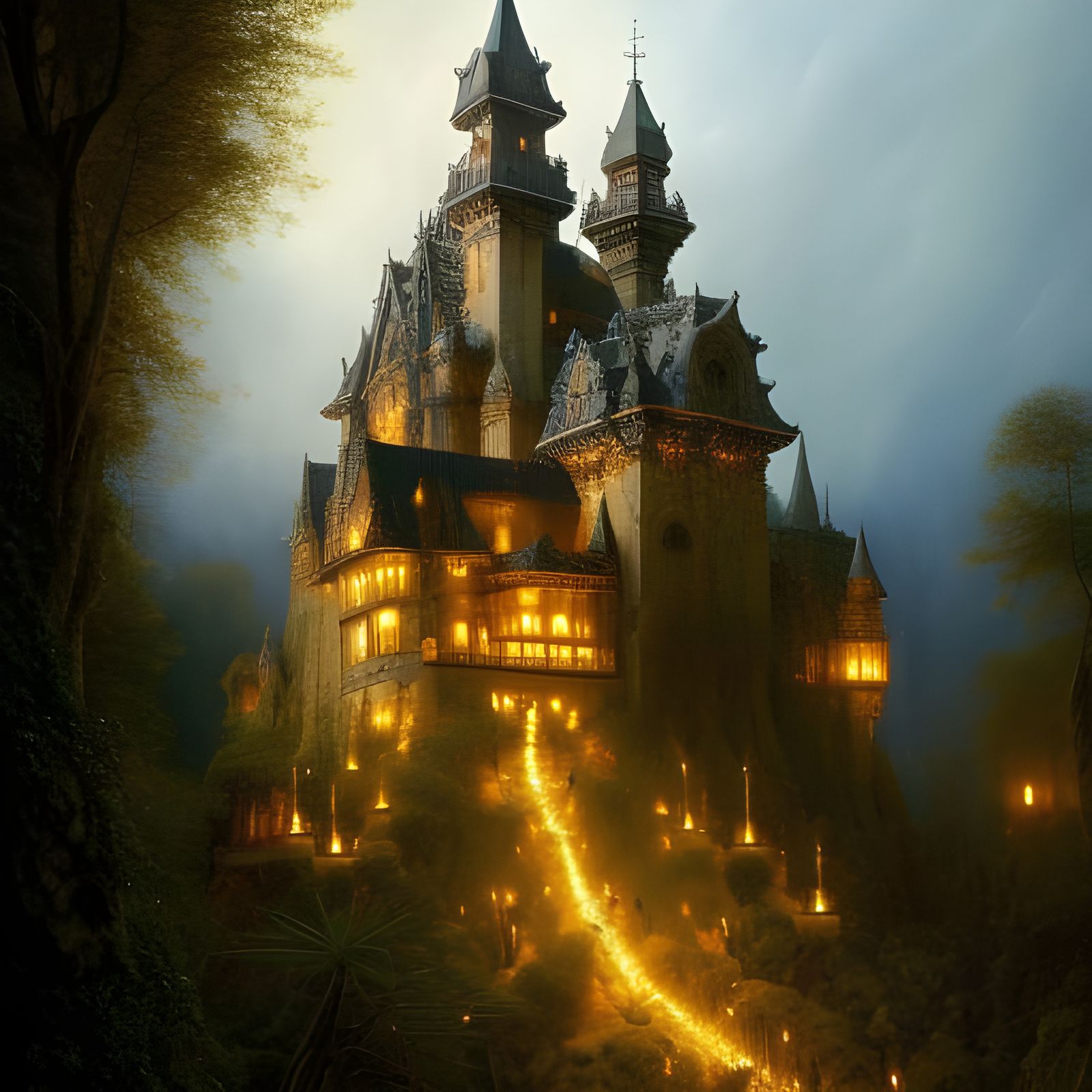 Medieval Castle in Storm, Hyper-Detailed Oil Painting