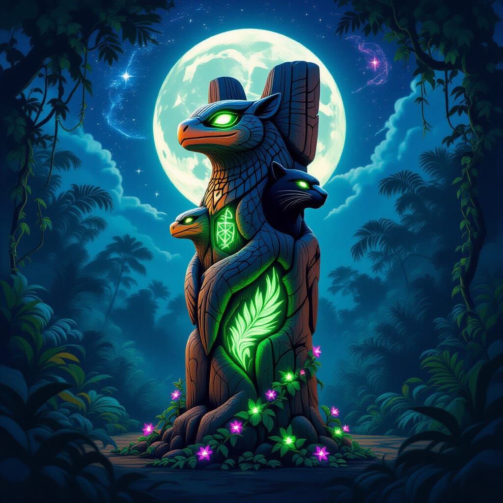 Mystical Totem with Glowing Runes in Moonlit Jungle