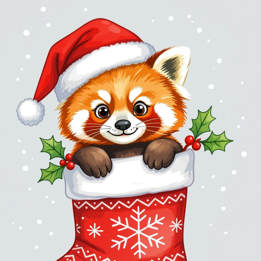 Cute Red Panda in Christmas Stocking Watercolor Illustration