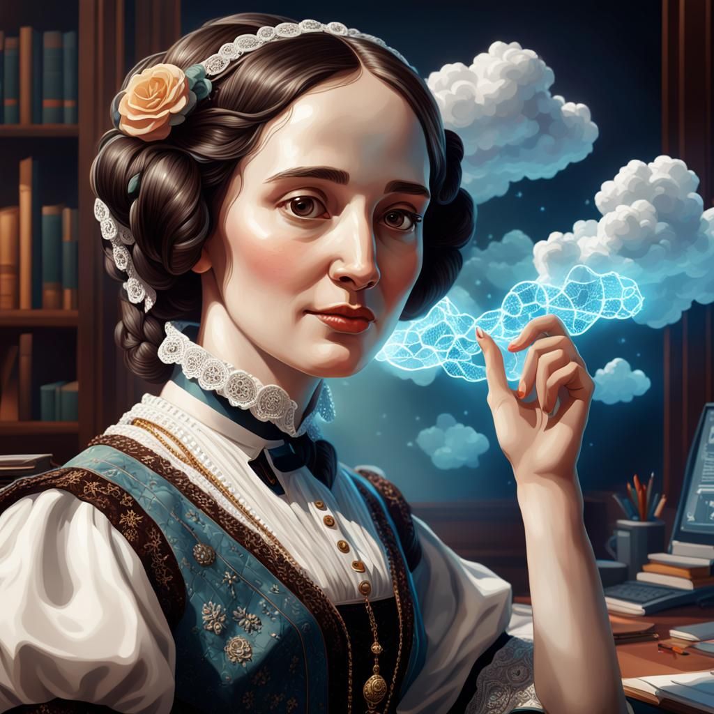 Ada Lovelace Portrait with Blockchain Clouds