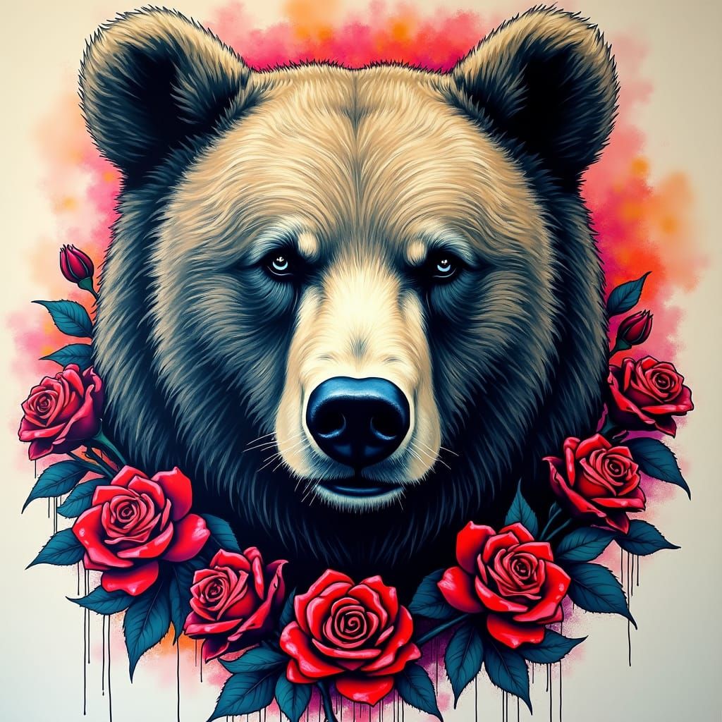 Bear with Roses in Graffiti Art Style
