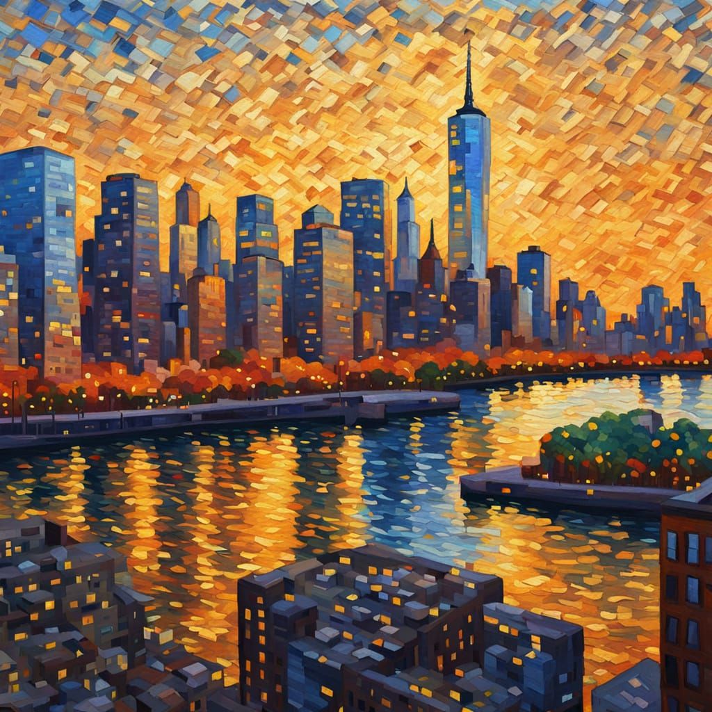 Manhattan Island Buildings in Expressionist Oil Painting