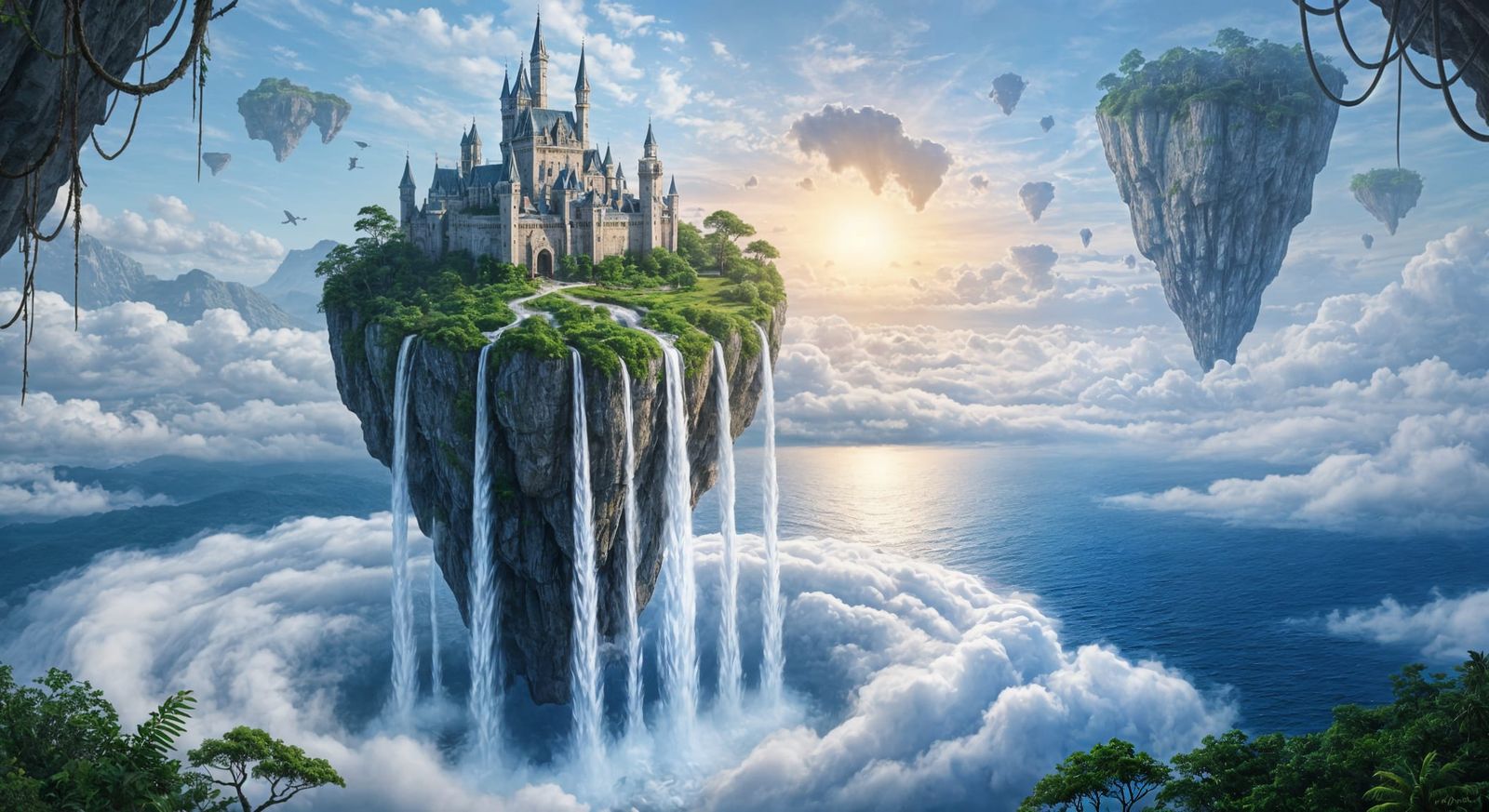 Castle on Floating Rock with Cloud Waterfalls