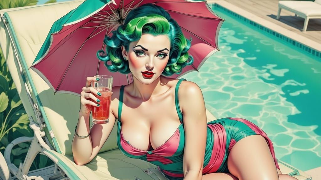 Elegant Woman Enjoys Cocktail in Surreal 3D Style