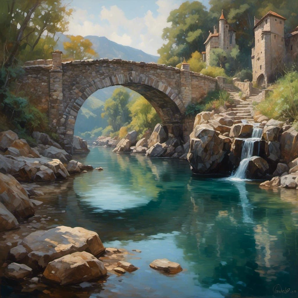 Underwater Castle Scene with Bridge and Rocks