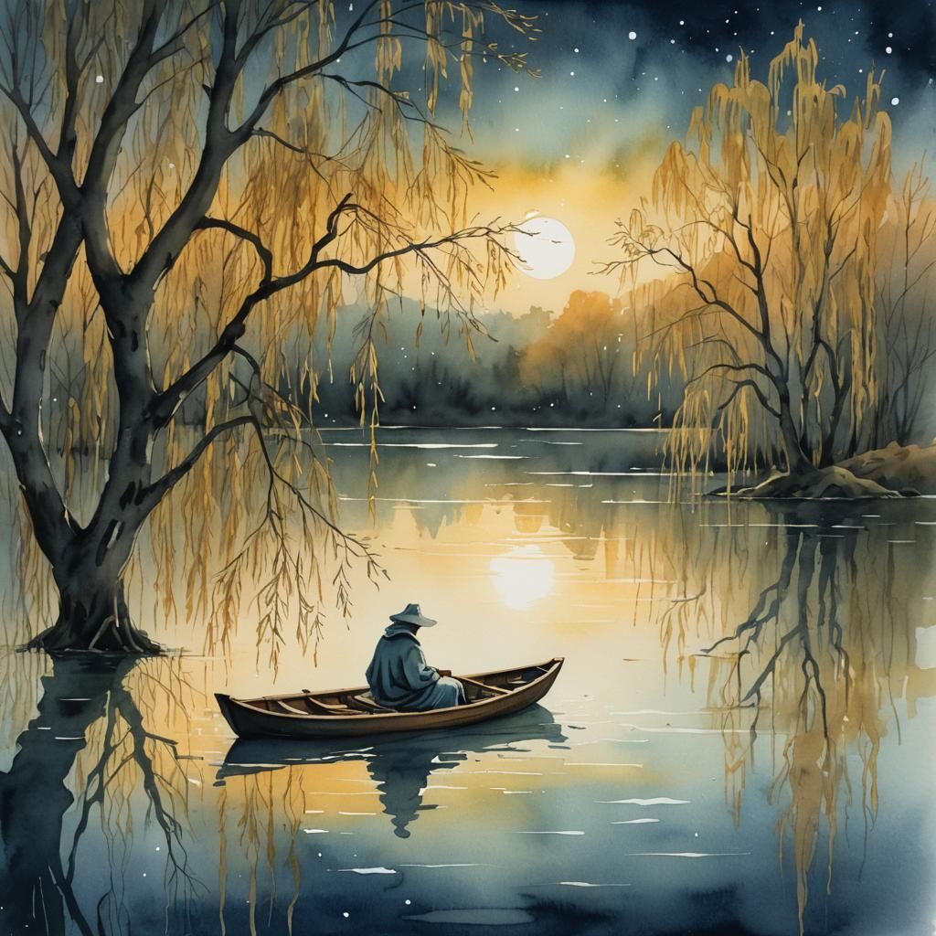 Robed Figure on Lake with Glowing Willows as Watercolor