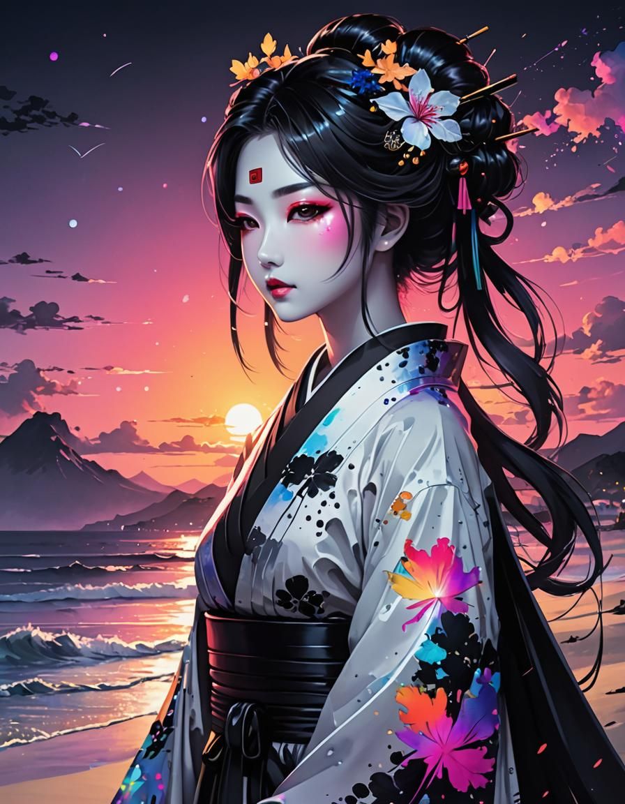 Geisha at Sunset: Black and White Watercolor Art