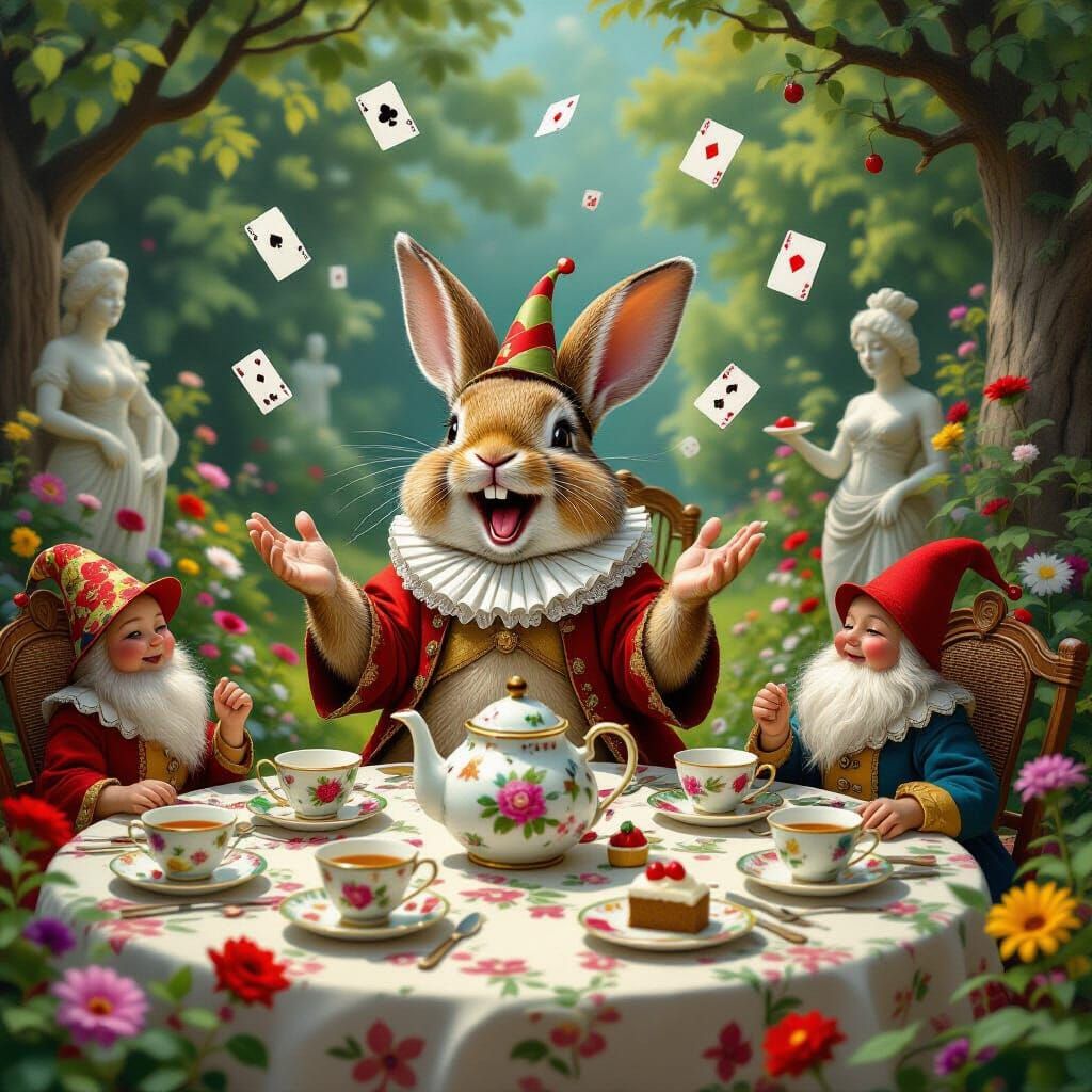Rabbit Jester at Whimsical Garden Party in Renaissance Style