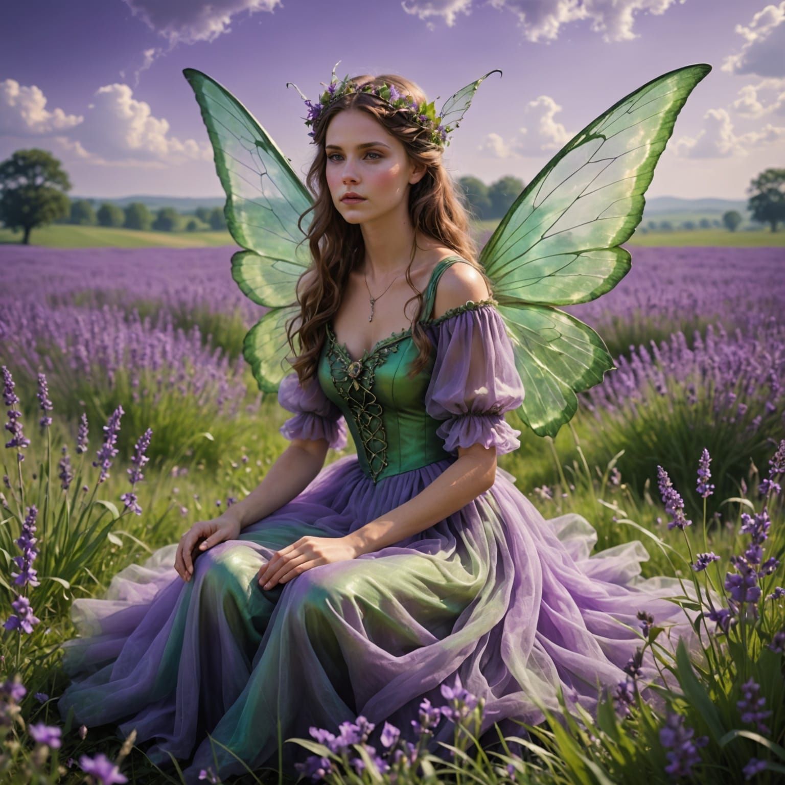 Iridescent Fairy Soars in Lavender Fields
