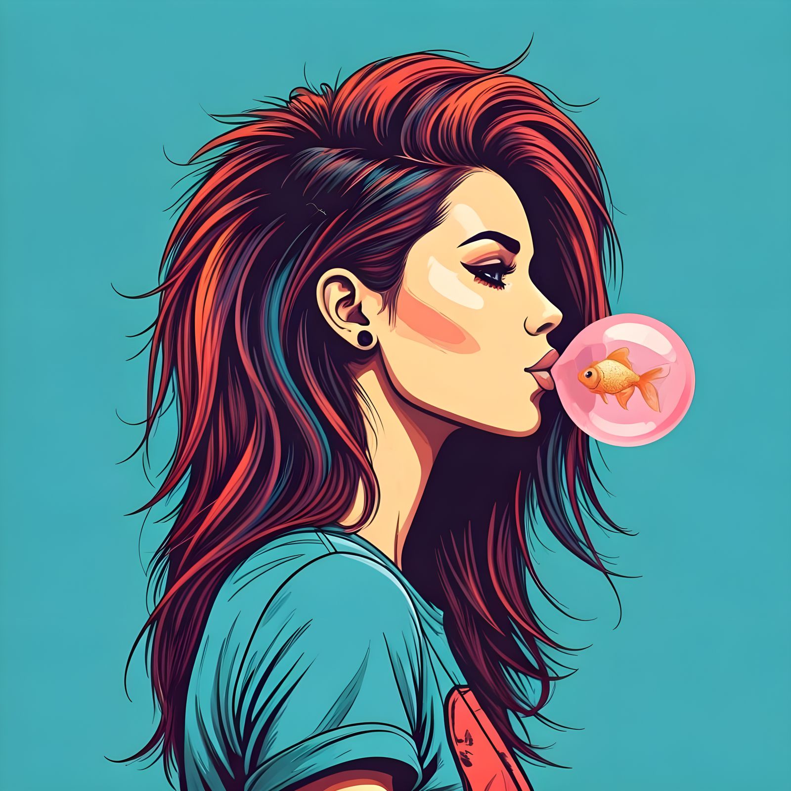 Edgy Fashionista Blows Pink Bubble with a Glowing Fish Insid...