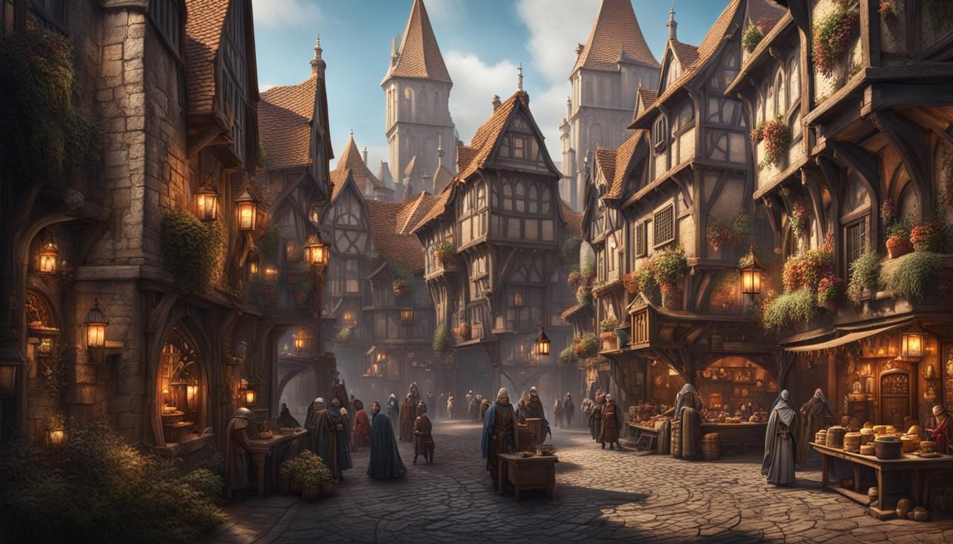 Wealthy Medieval Merchant Capital City in Detailed Painting