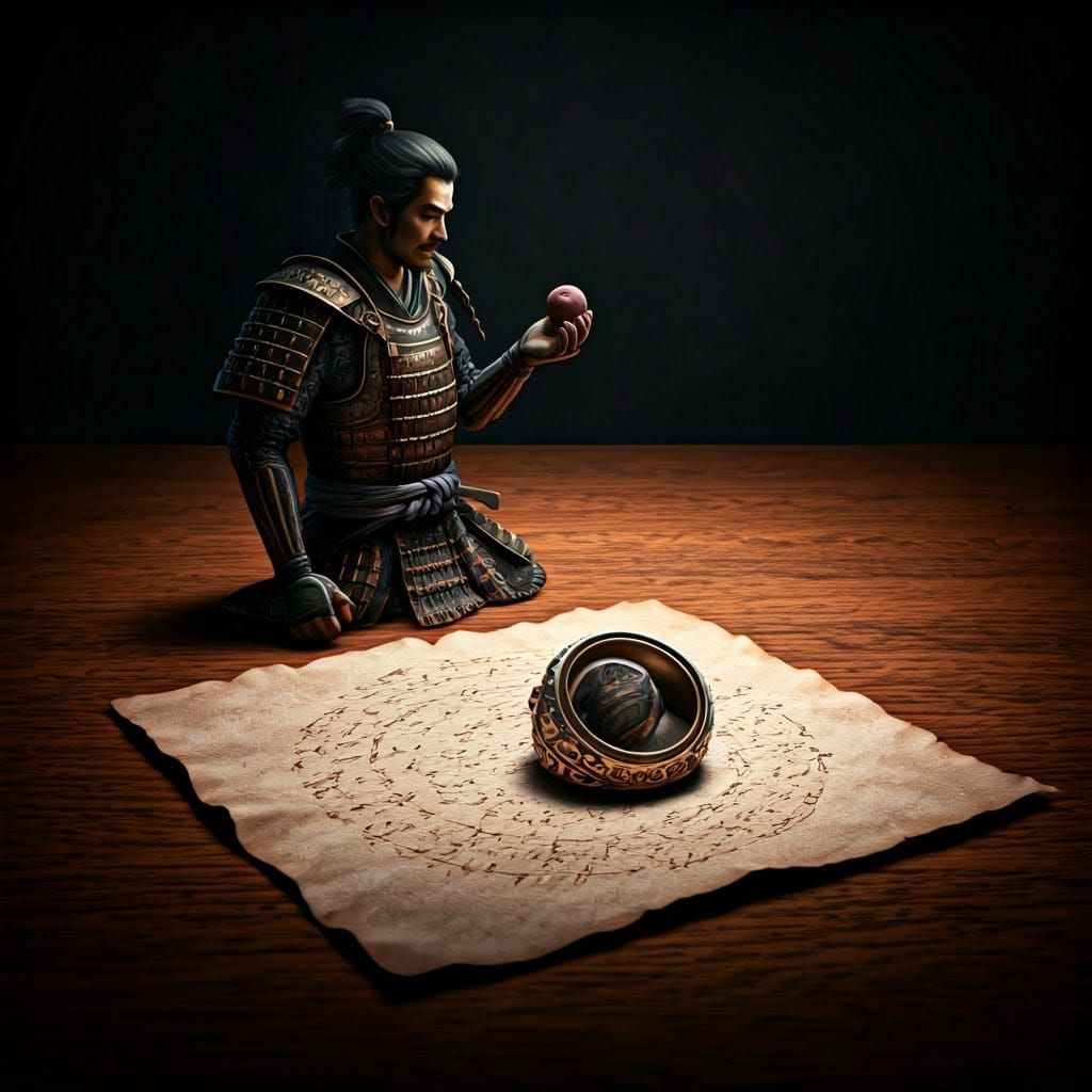 Samurai Reflection on Runed Parchment in Film Noir Style