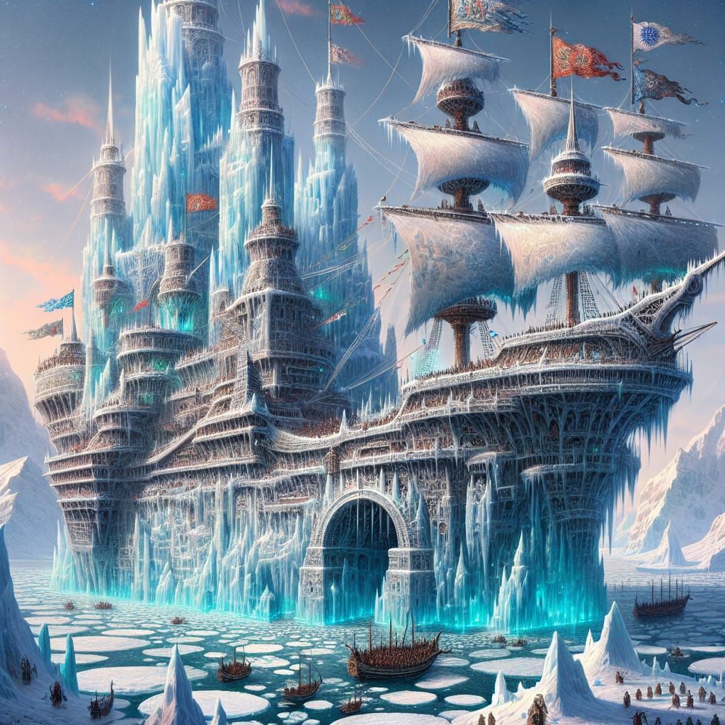 Majestic Winter Kingdom with Towering Ice Fortress