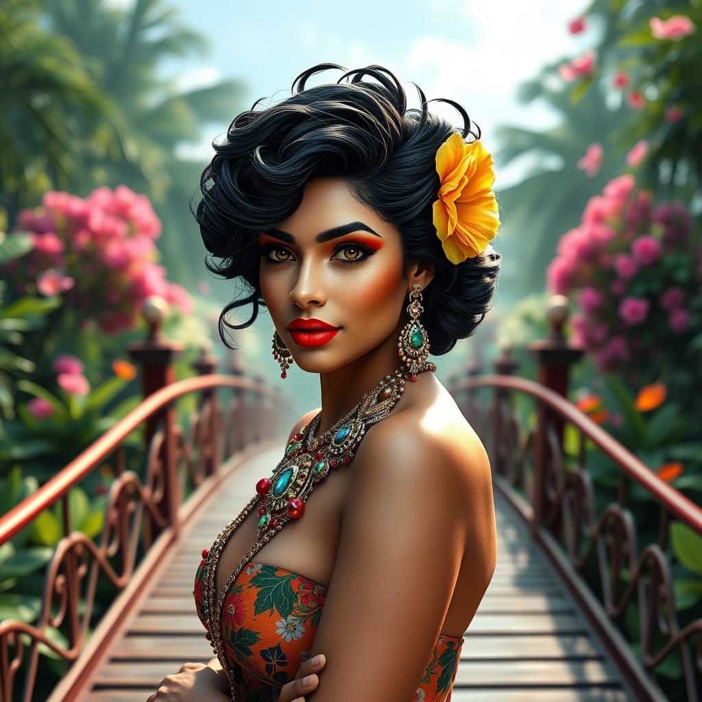 Elegant Brazilian Goddess on a Garden Bridge