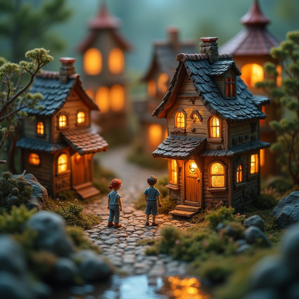Miniature Diorama World with Tiny People and Glowing Lights