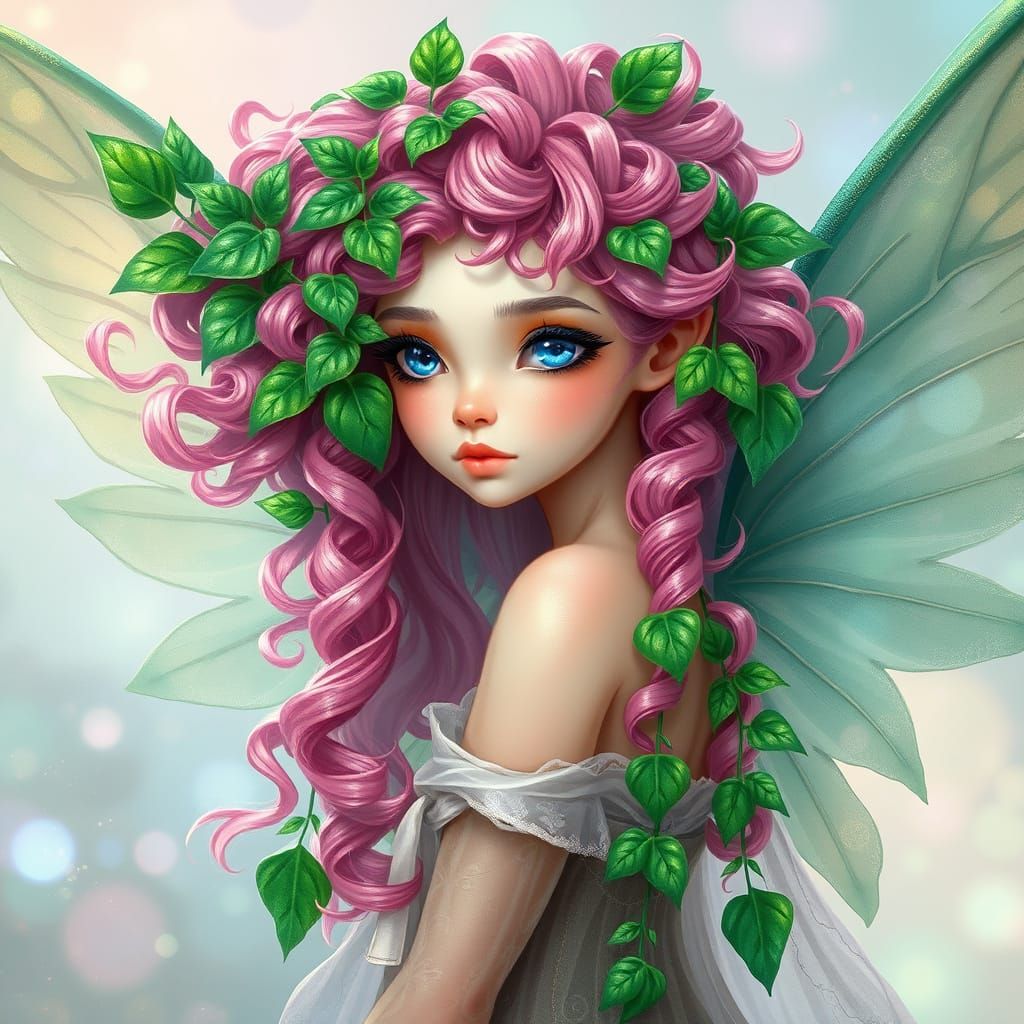 Whimsical Fairy-Like Creature with Flowing Pink Curls and Em...