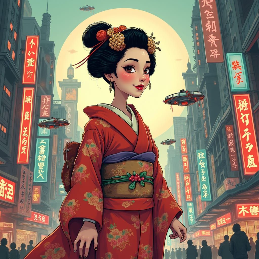 Geisha in Futuristic City, Looney Tunes Comic Style