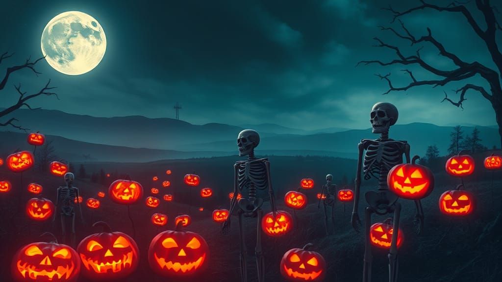 Eerie Skeletons and Jack-o'-Lanterns in Double Exposure Styl...