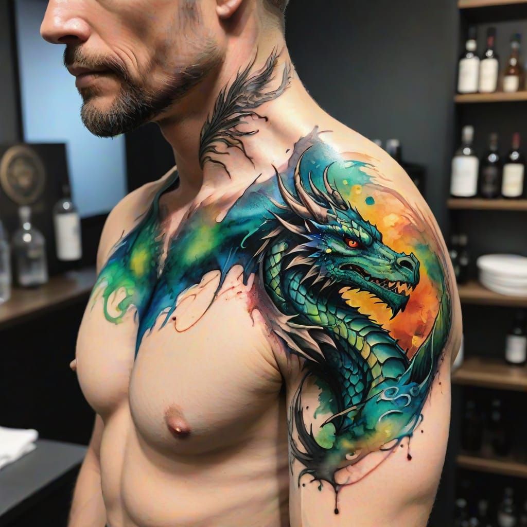 Alcohol ink drawing of a dragon tattoo on the neck of a clot...