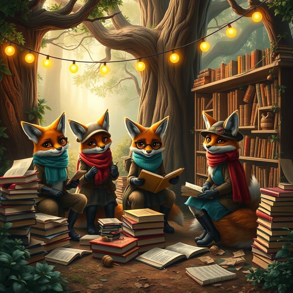 Furry Foxes Create Whimsical Bookstore in Enchanted Forest