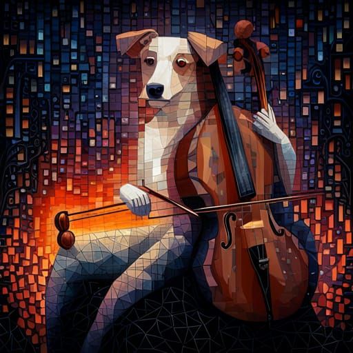 Dog Playing Cello in Collage Art Style