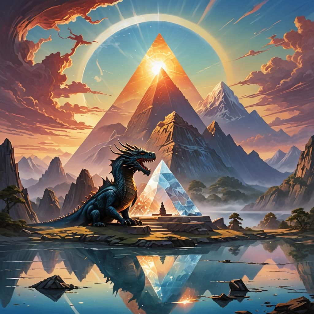Dragon and Pyramid with Rising Sun